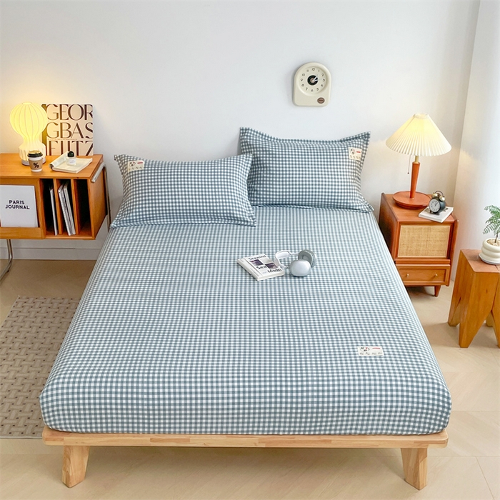 91家纺网 家纺一手货源 找家纺 梦舒羽 2025新款水洗棉麻单层床笠席梦思床垫保护套床单套加枕套-简约格子 小格-蓝