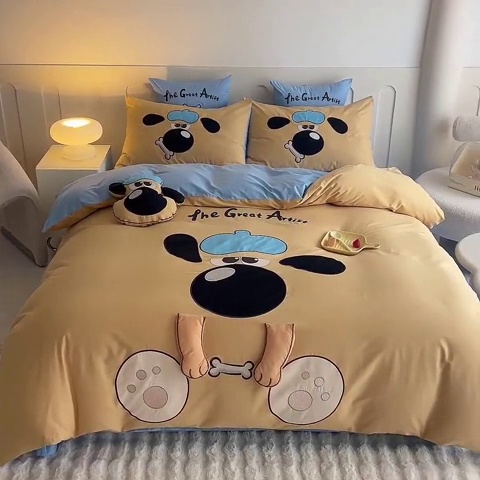 91家纺网 家纺一手货源 找家纺 绒棉世家 2025新款专版贴布绣四件套-大耳狗汪汪队 大耳狗汪汪队-黄色