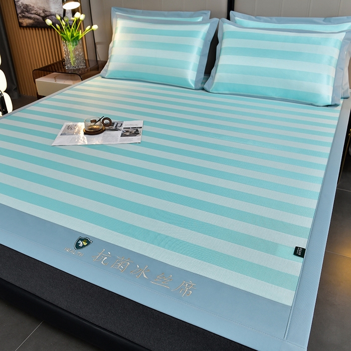 91家纺网 家纺一手货源 找家纺 简一 2024新款A类经典条纹抗菌冰丝席 湖蓝床单款