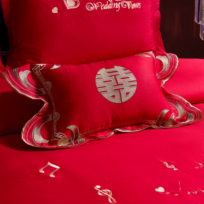 91家纺网 家纺一手货源 找家纺 慕她家纺 2025新款磨毛婚庆四件套结婚刺绣花床品六喜庆 两心相悦