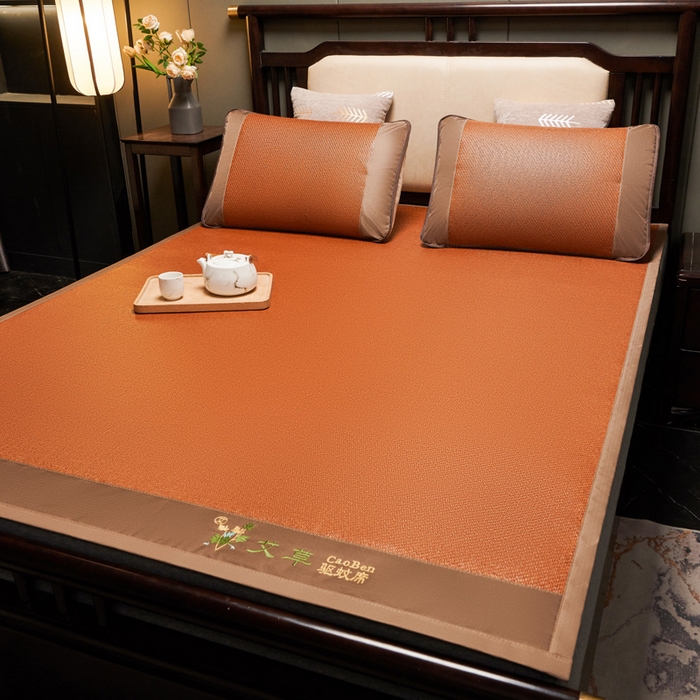 91家纺网 家纺一手货源 找家纺 青雅席业 2025新款半包印尼藤艾草冰丝双面席 艾草-红棕