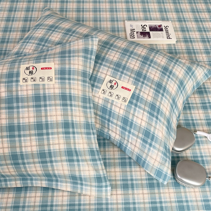 91家纺网 家纺一手货源 找家纺 2025新款水洗棉麻单层枕套宿舍枕芯内胆套枕头套-简约格子 线条格-蓝