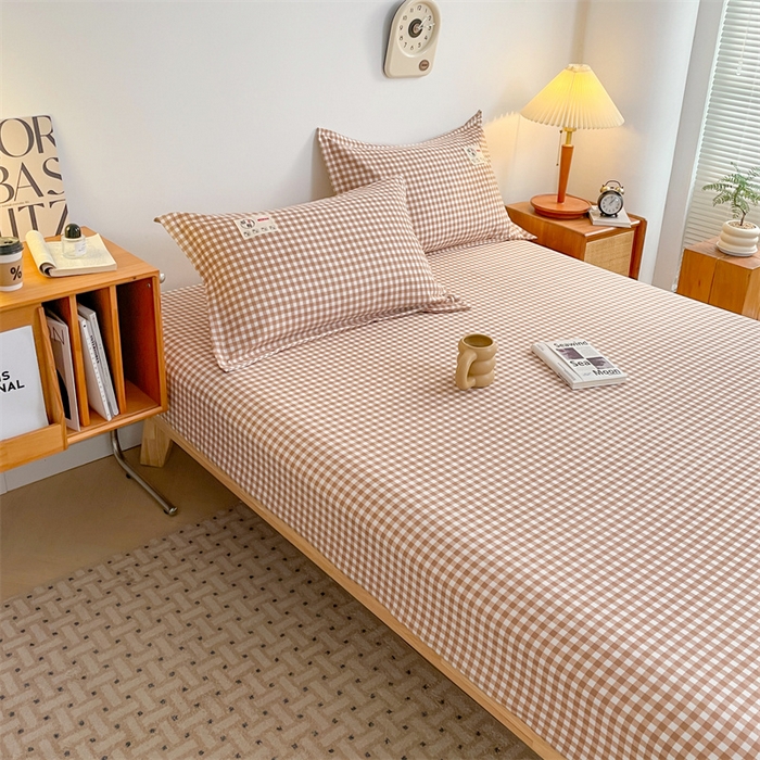 91家纺网 家纺一手货源 找家纺 梦舒羽 2025新款水洗棉麻单层床笠席梦思床垫保护套床单套加枕套-简约格子 小格-咖