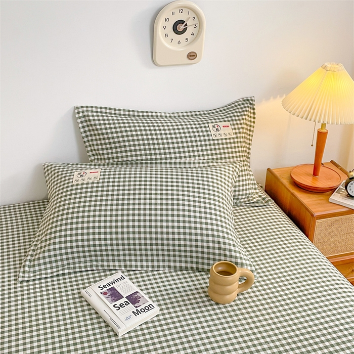 91家纺网 家纺一手货源 找家纺 梦舒羽 2025新款水洗棉麻单层床笠席梦思床垫保护套床单套加枕套-简约格子 小格-绿