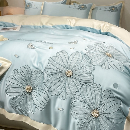 91家纺网 家纺一手货源 找家纺 红嘴企鹅 2025款水洗真丝四件套梦想系列 梦想蓝色