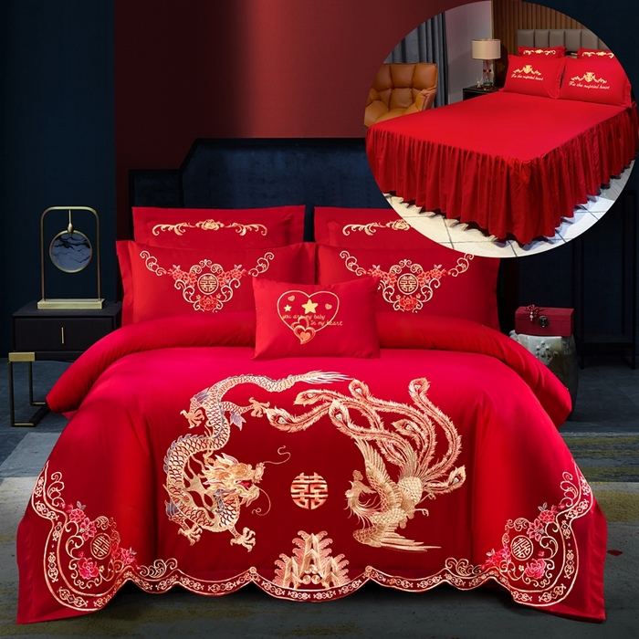 91家纺网 家纺一手货源 找家纺 慕她家纺 2025新款磨毛婚庆四件套结婚刺绣花床品六喜庆 盛世龙凤