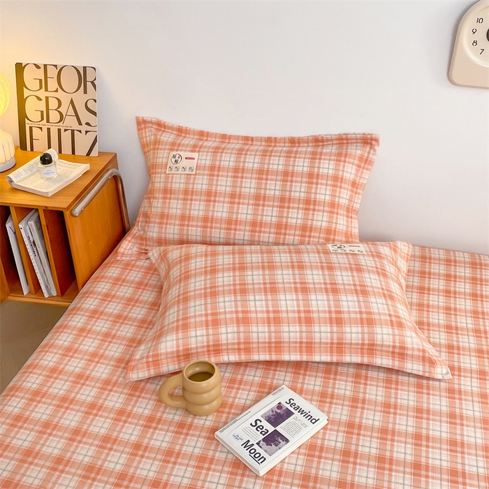 91家纺网 家纺一手货源 找家纺 2025新款水洗棉麻单层枕套宿舍枕芯内胆套枕头套-简约格子 线条格-粉玉