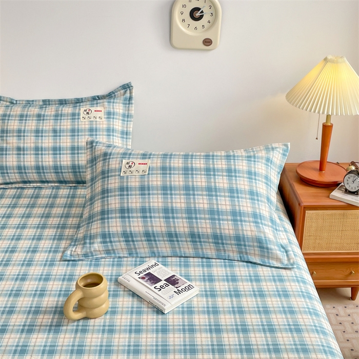 91家纺网 家纺一手货源 找家纺 2025新款水洗棉麻单层枕套宿舍枕芯内胆套枕头套-简约格子 线条格-蓝