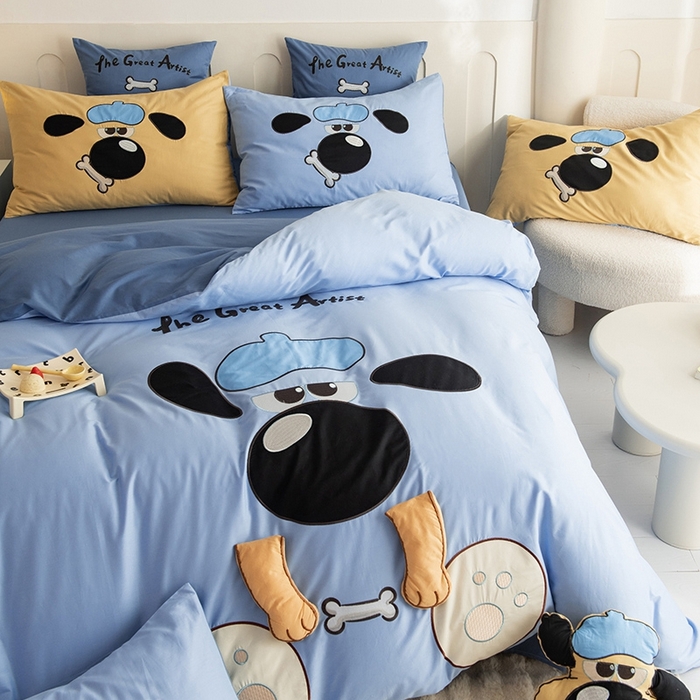 91家纺网 家纺一手货源 找家纺 绒棉世家 2025新款专版贴布绣四件套-大耳狗汪汪队 大耳狗汪汪队-蓝色