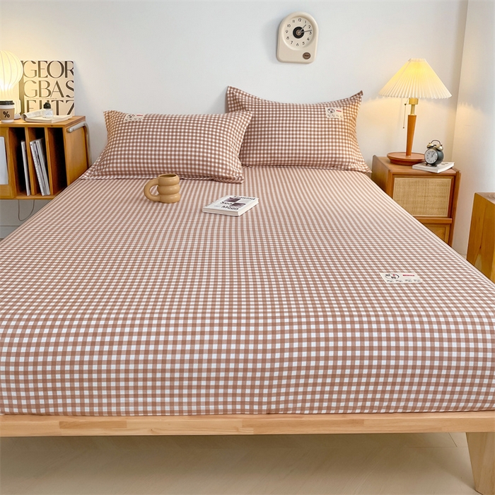 91家纺网 家纺一手货源 找家纺 梦舒羽 2025新款水洗棉麻单层床笠席梦思床垫保护套床单套加枕套-简约格子 小格-咖