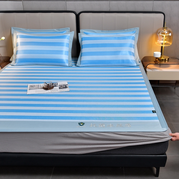91家纺网 家纺一手货源 找家纺 简一 2024新款A类经典条纹抗菌冰丝席-床笠款 钴蓝床笠款