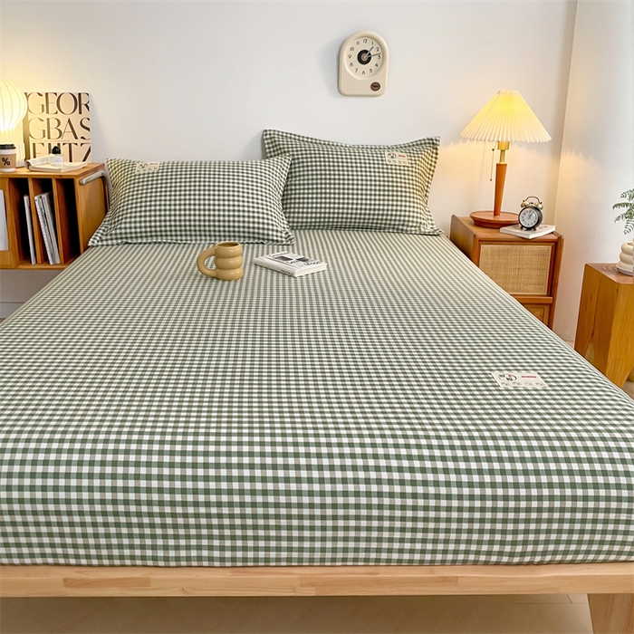91家纺网 家纺一手货源 找家纺 梦舒羽 2025新款水洗棉麻单层床笠席梦思床垫保护套床单套加枕套-简约格子 小格-绿