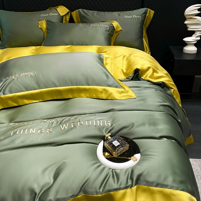 91家纺网 家纺一手货源 找家纺 优悦生活馆 2024新款永恒款冰丝刺绣四件套-风格二 永恒-海藻绿