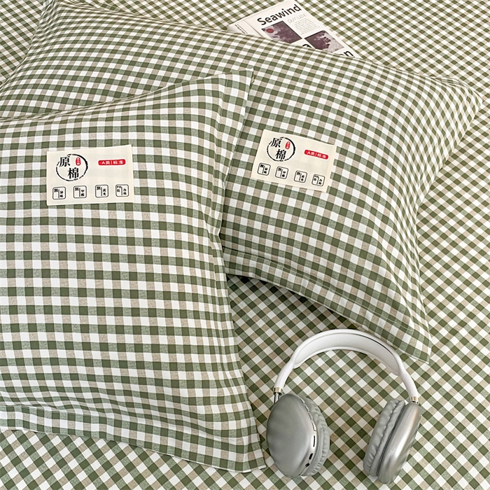 91家纺网 家纺一手货源 找家纺 2025新款水洗棉麻单层枕套宿舍枕芯内胆套枕头套-简约格子 小格-绿