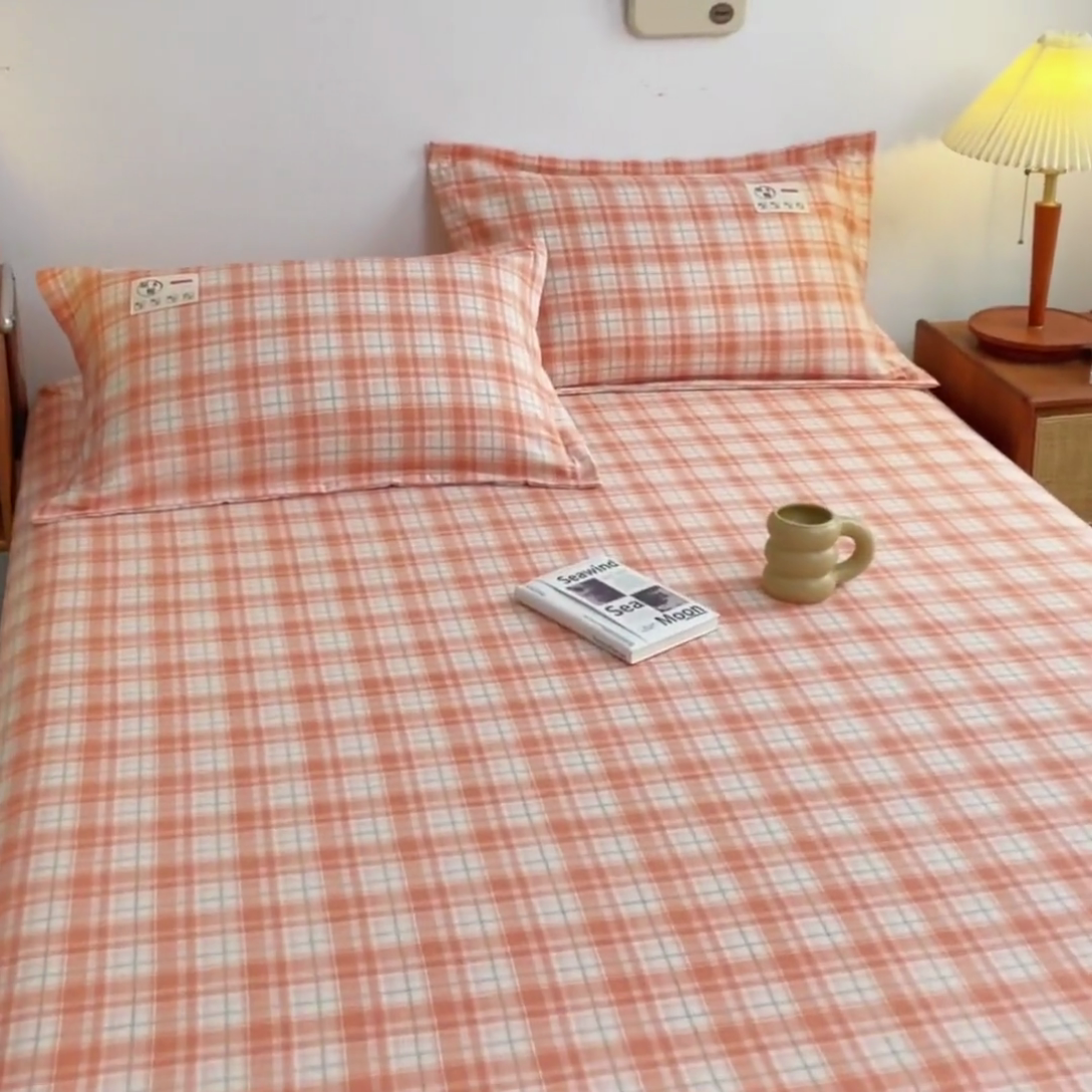 91家纺网 家纺一手货源 找家纺 梦舒羽 2025新款水洗棉麻单层床笠席梦思床垫保护套床单套加枕套-简约格子 线条格-粉玉