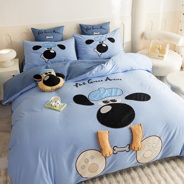 91家纺网 家纺一手货源 找家纺 绒棉世家 2025新款专版贴布绣四件套-大耳狗汪汪队 大耳狗汪汪队-蓝色