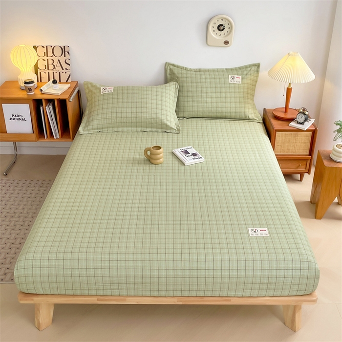 91家纺网 家纺一手货源 找家纺 梦舒羽 2025新款水洗棉麻单层床笠席梦思床垫保护套床单套加枕套-简约格子 线条格-绿