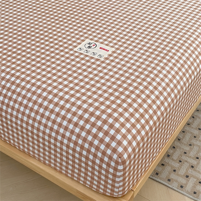 91家纺网 家纺一手货源 找家纺 梦舒羽 2025新款水洗棉麻单层床笠席梦思床垫保护套床单套加枕套-简约格子 小格-咖