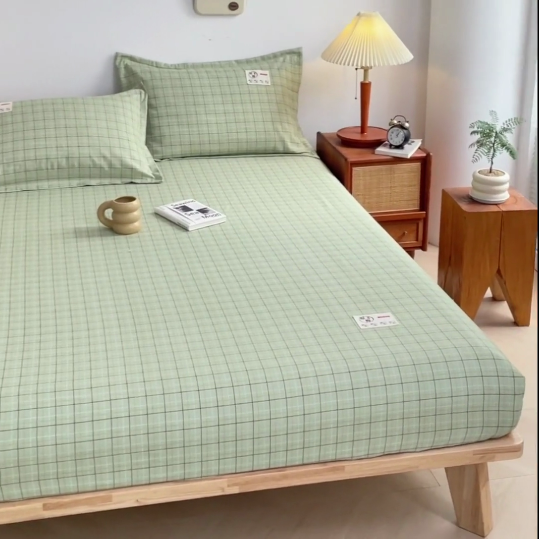 91家纺网 家纺一手货源 找家纺 梦舒羽 2025新款水洗棉麻单层床笠席梦思床垫保护套床单套加枕套-简约格子 小格-绿