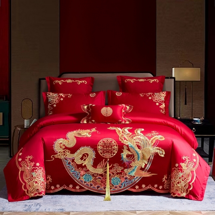 慕她家纺 2025新款磨毛婚庆四件套结婚刺绣花床品六喜庆 龙凤情缘