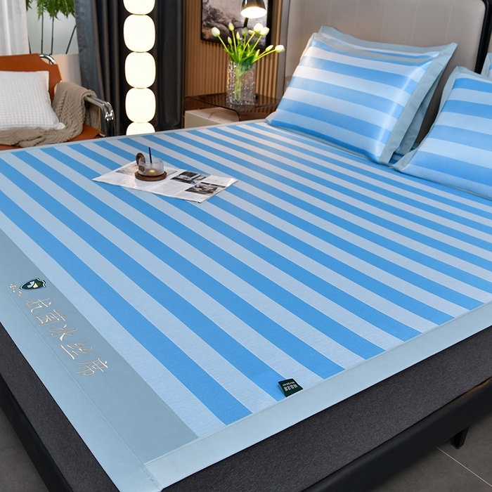 91家纺网 家纺一手货源 找家纺 简一 2024新款A类经典条纹抗菌冰丝席 钴蓝床单款