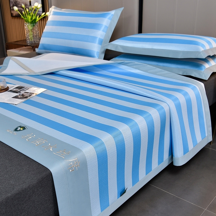 91家纺网 家纺一手货源 找家纺 简一 2024新款A类经典条纹抗菌冰丝席 钴蓝床单款