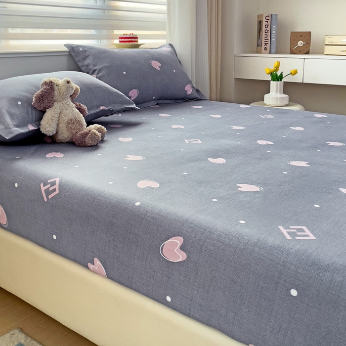 91家纺网 家纺一手货源 找家纺 好亿来家纺 2025新款亲肤磨毛单层床笠 心心相印-灰