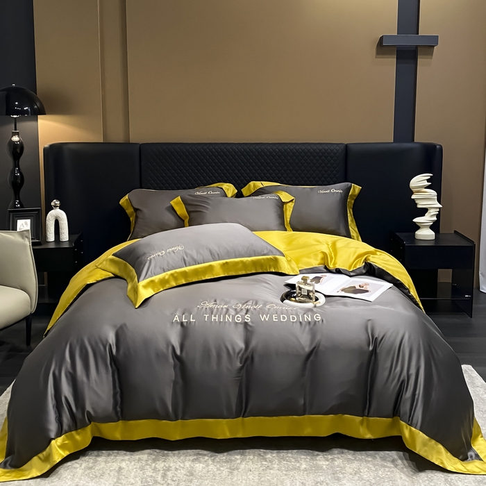 91家纺网 家纺一手货源 找家纺 优悦生活馆 2024新款永恒款冰丝刺绣四件套-风格二 永恒-高级灰