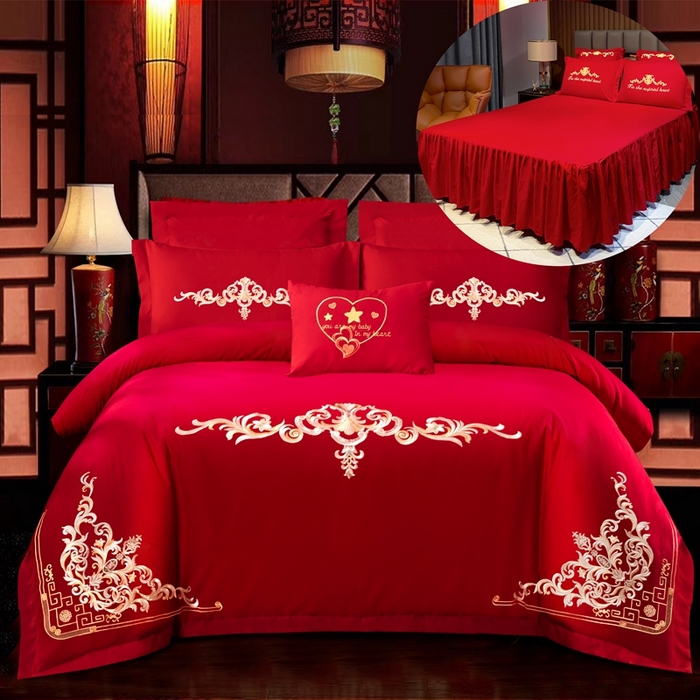 91家纺网 家纺一手货源 找家纺 慕她家纺 2025新款磨毛婚庆四件套结婚刺绣花床品六喜庆 米兰风情