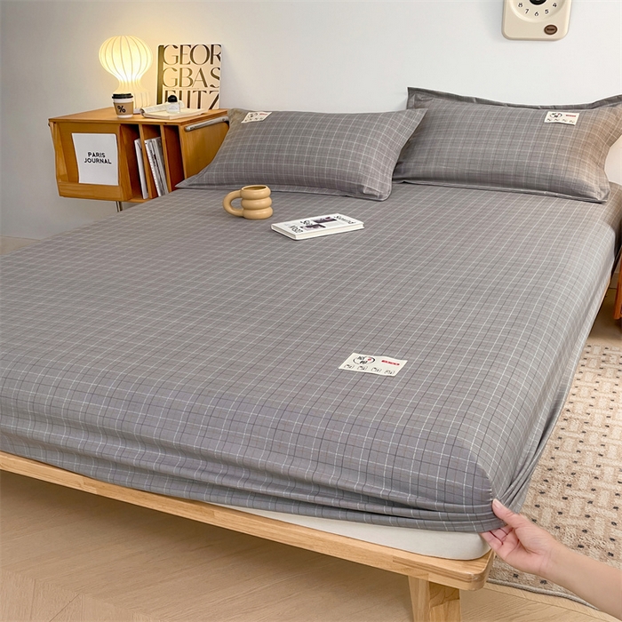 91家纺网 家纺一手货源 找家纺 梦舒羽 2025新款水洗棉麻单层床笠席梦思床垫保护套床单套加枕套-简约格子 线条格-深灰