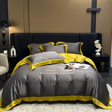 91家纺网 家纺一手货源 找家纺 优悦生活馆 2024新款永恒款冰丝刺绣四件套-风格二 永恒-高级灰