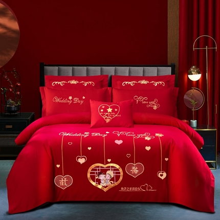慕她家纺 2025新款磨毛婚庆四件套结婚刺绣花床品六喜庆 天作之合