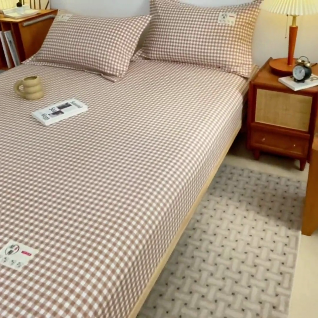 91家纺网 家纺一手货源 找家纺 梦舒羽 2025新款水洗棉麻单层床笠席梦思床垫保护套床单套加枕套-简约格子 小格-咖
