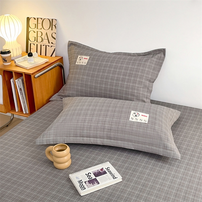 91家纺网 家纺一手货源 找家纺 2025新款水洗棉麻单层枕套宿舍枕芯内胆套枕头套-简约格子 线条格-深灰