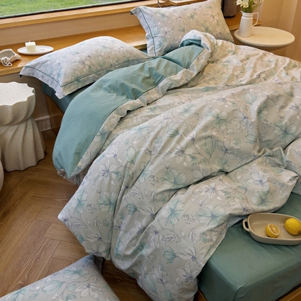 91家纺网 家纺一手货源 找家纺 由丽 2025新款2月全工艺柔棉全棉印花三件套四件套有床笠款 栀柔-绿