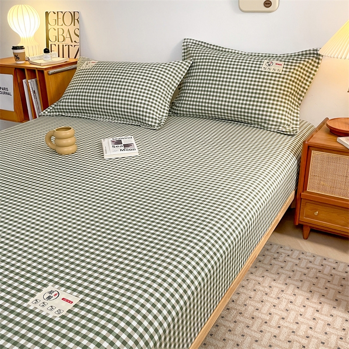 91家纺网 家纺一手货源 找家纺 梦舒羽 2025新款水洗棉麻单层床笠席梦思床垫保护套床单套加枕套-简约格子 小格-绿