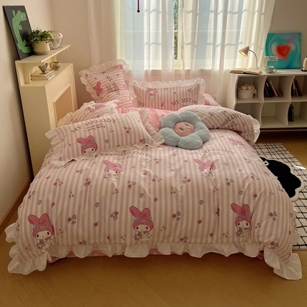 91家纺网 家纺一手货源 找家纺 （总）三朵 2024年全棉白色花边三丽鸥系列四件套