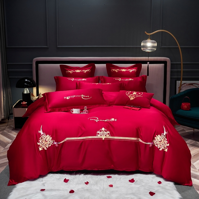 91家纺网 家纺一手货源 找家纺 慕她家纺 2025新款磨毛婚庆四件套结婚刺绣花床品六喜庆 爱的约定