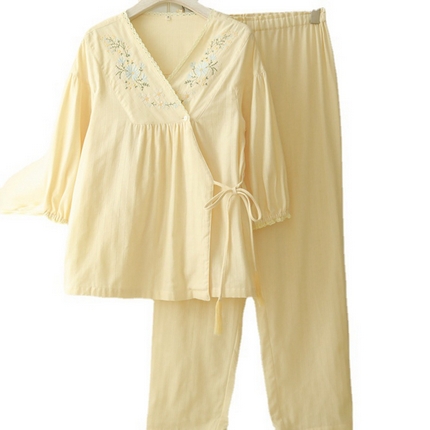 洛兰沙睡衣女夏七分袖长裤套装女士家居服睡衣纯质纱布套装 LS5984-黄色