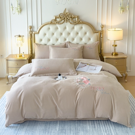 鑫利来家纺 2024新款水洗斜纹棉蛋白棉绣花磨毛四件套 爱丽丝-香槟色