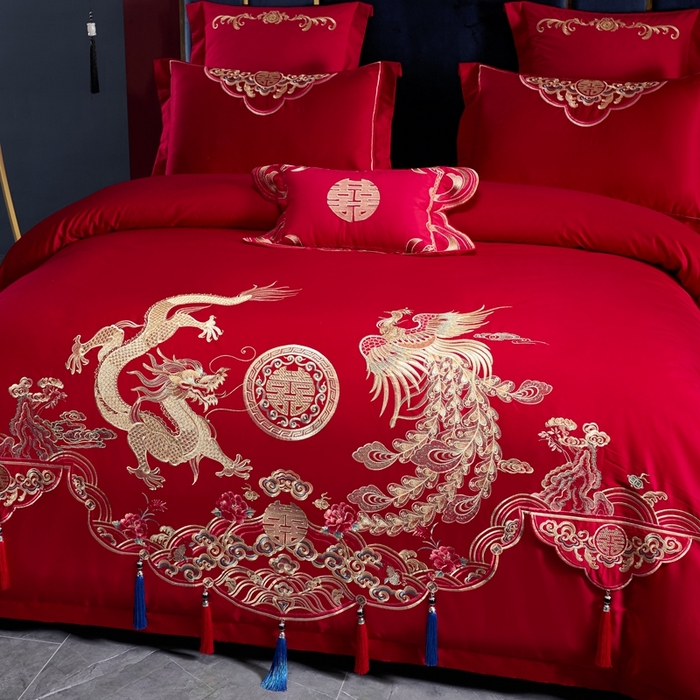 91家纺网 家纺一手货源 找家纺 慕她家纺 2025新款磨毛婚庆四件套结婚刺绣花床品六喜庆 龙凤欢腾