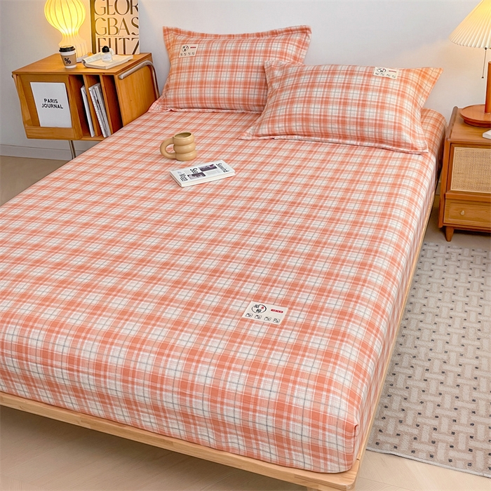 91家纺网 家纺一手货源 找家纺 梦舒羽 2025新款水洗棉麻单层床笠席梦思床垫保护套床单套加枕套-简约格子 线条格-粉玉