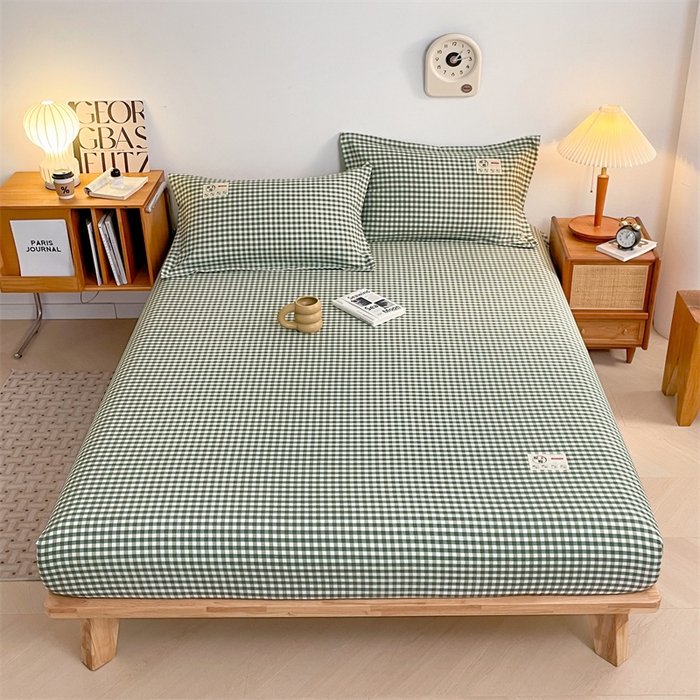 91家纺网 家纺一手货源 找家纺 梦舒羽 2025新款水洗棉麻单层床笠席梦思床垫保护套床单套加枕套-简约格子 小格-绿