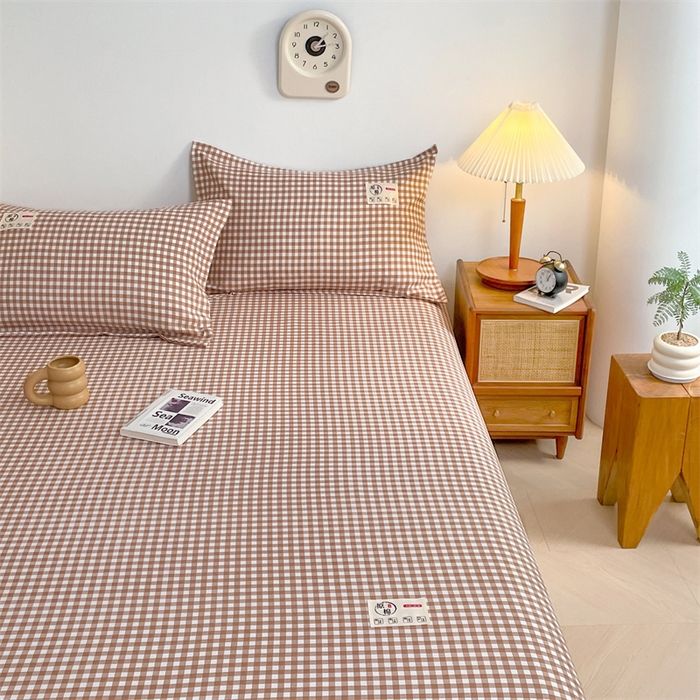 91家纺网 家纺一手货源 找家纺 梦舒羽 2025新款水洗棉麻单层床笠席梦思床垫保护套床单套加枕套-简约格子 小格-咖