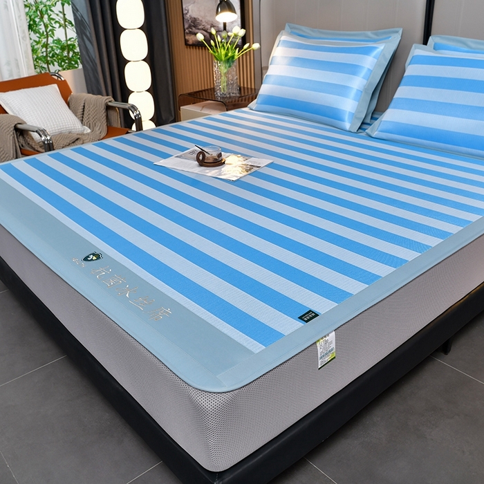 91家纺网 家纺一手货源 找家纺 简一 2024新款A类经典条纹抗菌冰丝席-床笠款 钴蓝床笠款