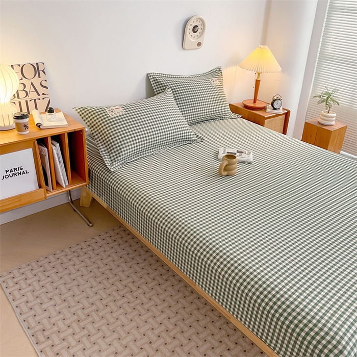 91家纺网 家纺一手货源 找家纺 梦舒羽 2025新款水洗棉麻单层床笠席梦思床垫保护套床单套加枕套-简约格子 小格-绿
