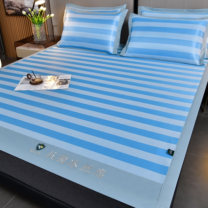 91家纺网 家纺一手货源 找家纺 简一 2024新款A类经典条纹抗菌冰丝席 钴蓝床单款