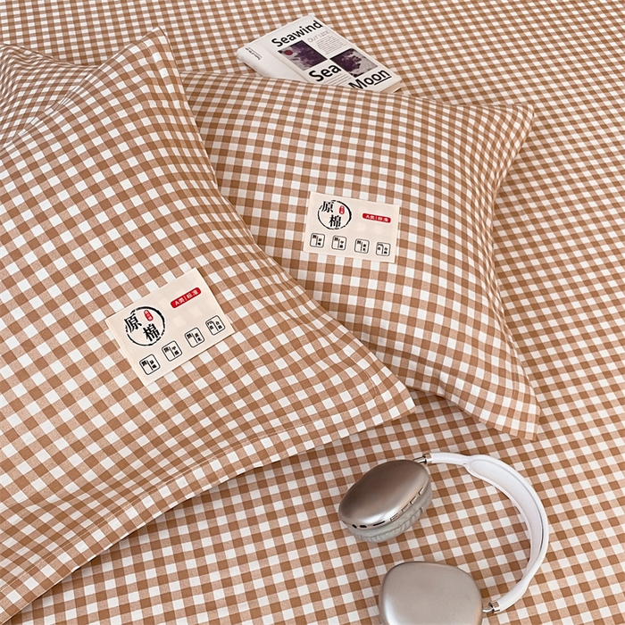 91家纺网 家纺一手货源 找家纺 2025新款水洗棉麻单层枕套宿舍枕芯内胆套枕头套-简约格子 小格-咖