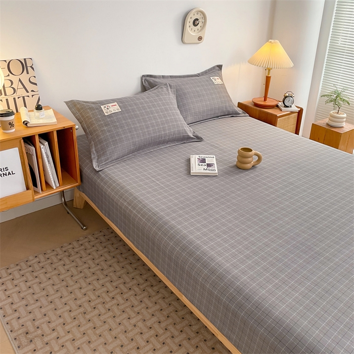 91家纺网 家纺一手货源 找家纺 梦舒羽 2025新款水洗棉麻单层床笠席梦思床垫保护套床单套加枕套-简约格子 线条格-深灰