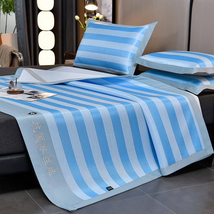 91家纺网 家纺一手货源 找家纺 简一 2024新款A类经典条纹抗菌冰丝席 钴蓝床单款